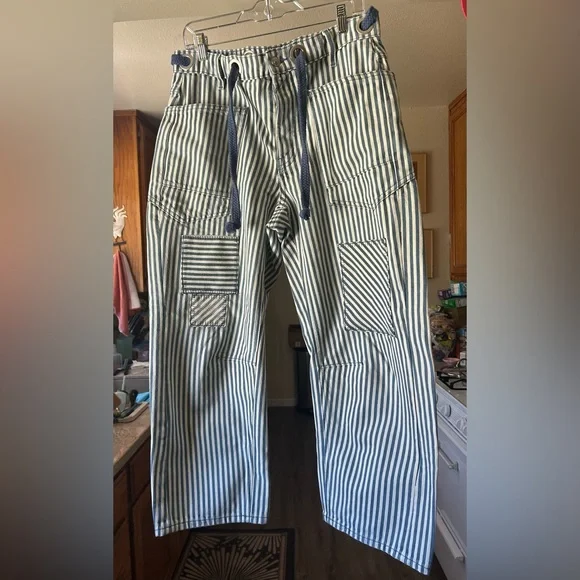 NWOT Free People Moxie Blue Railroad Stripe Pants size 28 Dark Slate - Picture 3 of 10
